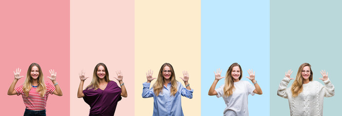 Obraz premium Collage of beautiful young woman over colorful stripes isolated background showing and pointing up with fingers number ten while smiling confident and happy.