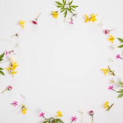 Festive delicate wildflowers on white board. Overhead top view, flat lay.