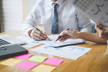 Co working conference, Business team meeting present discussing working analysis with financial data and marketing growth report graph in team, Finance, accounting, investment