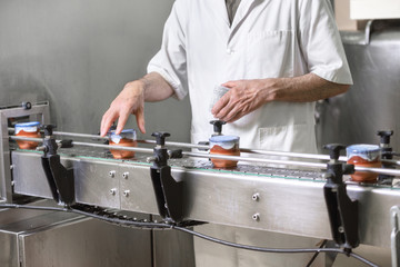 Operator checking quality at final Stage of Production Yogurt-Filling. Premium Yogurt filled in pottery cups In Modern Dairy .