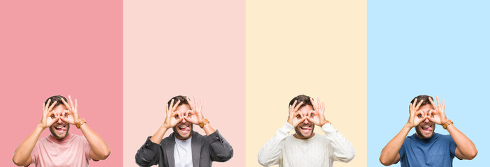 Obraz premium Collage of handsome young man over colorful stripes isolated background doing ok gesture like binoculars sticking tongue out, eyes looking through fingers. Crazy expression.