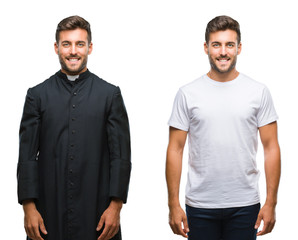 Collage of handsome young man and catholic priest over isolated background with a happy and cool smile on face. Lucky person.