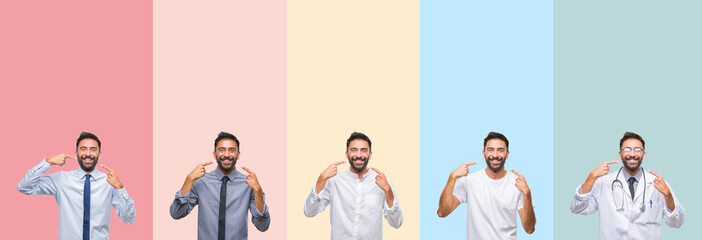 Collage of handsome man over colorful stripes isolated background smiling confident showing and pointing with fingers teeth and mouth. Health concept.