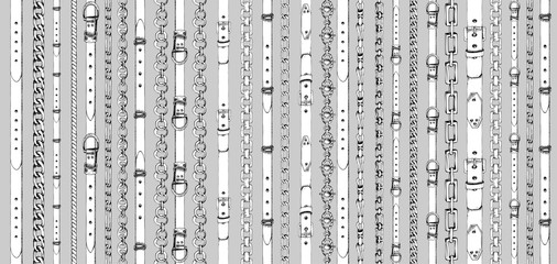 Seamless pattern with retro hand-drawn sketch belts, chain on gray background. Drawing engraving illustration Great design for fabric, fashion, textile, decorative frame, yacht style poster