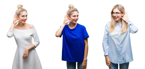 Collage of young beautiful blonde woman over isolated background smiling with hand over ear listening an hearing to rumor or gossip. Deafness concept.