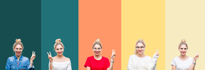 Collage of young beautiful blonde woman over vivid colorful vintage stripes isolated background smiling with happy face winking at the camera doing victory sign. Number two.