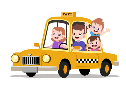 Happy Kids Family Riding Taxi Vector Illustration