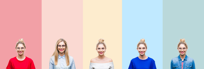 Collage of beautiful blonde woman over colorful stripes isolated background with a happy and cool smile on face. Lucky person.