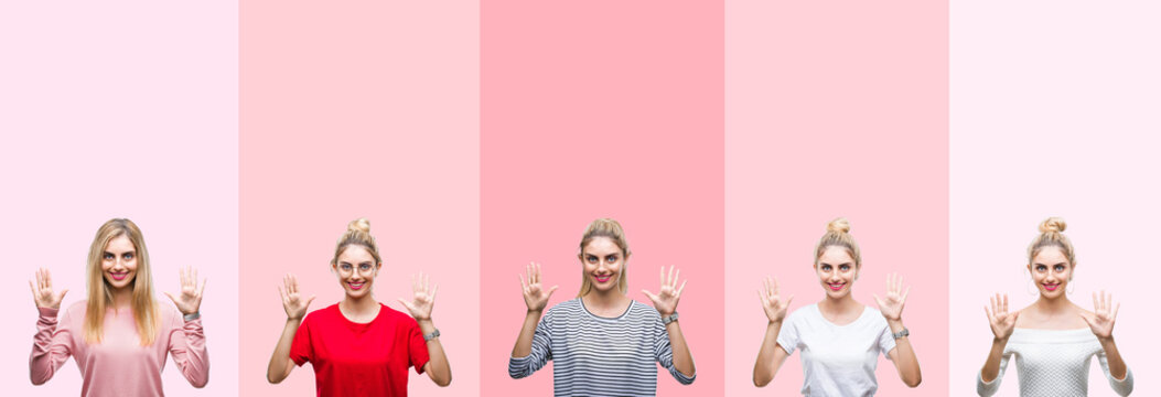 Collage of young beautiful blonde woman over vivid colorful vintage pink isolated background showing and pointing up with fingers number ten while smiling confident and happy.
