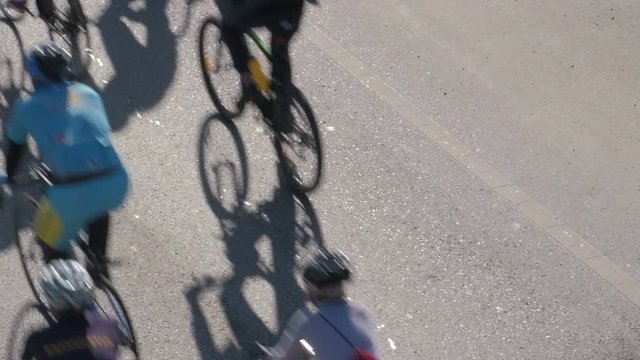 A group of cyclists. Mass movement on bicycles for a healthy lifestyle. Cycling. View from above.