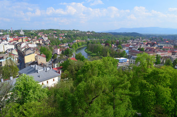 Fototapeta na wymiar Widok Cieszyna i Ceskeho Tesina z lotu ptaka/Aerial view of Cieszyn and Cesky Tesin, Poland/Czechia