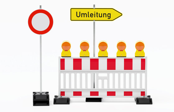 Einzelne Absturzsicherung mit 5 Bakenleuchten gelb-orange, Fu&szlig;platten, Schild Durchfahrt verboten und Umleitung rechtsweisend auf Pfosten daneben stehend - freigestellt
