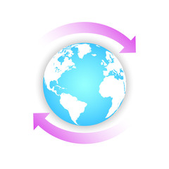 Earth globe with two pink arrows Concept recycle  design for banner, greeting card, t-shirt, print, poster. Vector illustration