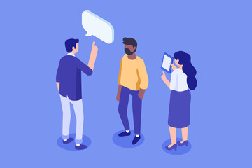 Business people isometric vector set. Join our team. Creative team characters. Discussion people. Team thinking and talking. Isometric vector characters.