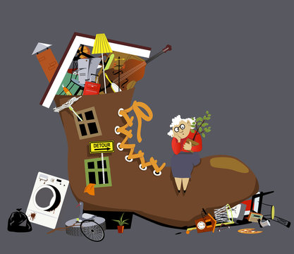 Old Hoarder Woman Living In A Shoe Bursting With Stuff, EPS 8 Vector Illustration