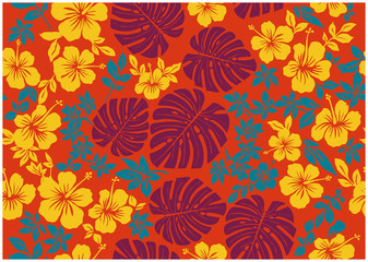 モンステラ柄とハイビスカス柄の背景イラスト　トロピカル　｜テキスタイル　総柄・シームレス｜Hibiscus and Monstera pattern background © globeds