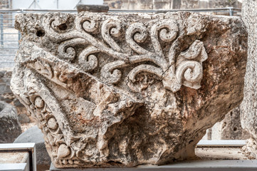 details of the decor of the ancient synagogue ruins in the city of Capernaum, the birthplace of St....