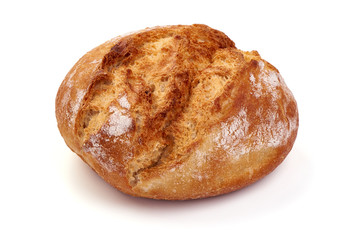 Freshly baked round homemade bread, Healthy nutrition, close-up, isolated on white background