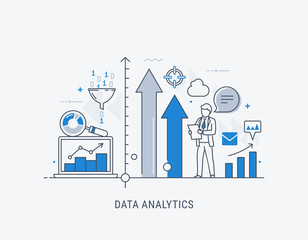 Data analytics website banner thin line vector illustration