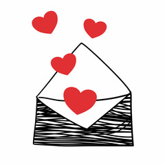 Envelope sketch with red floating hearts