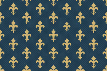 Vintage luxury Fleur-de-lis seamless royal background. France historic  ornamental pattern with heraldic symbol fleur-de-lis. Blue and gold style immaculate virgin symbolics. Vector illustration