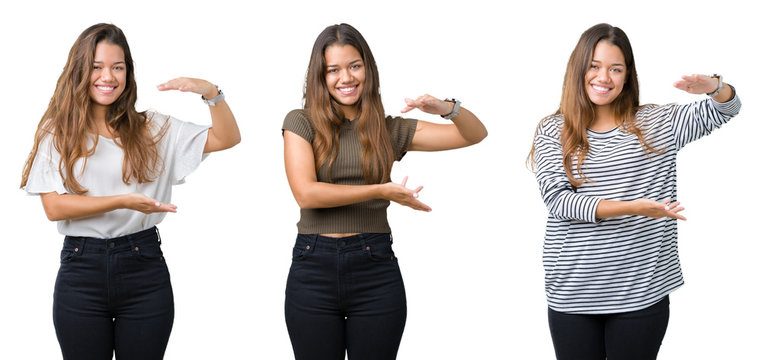 Collage of beautiful young woman over isolated background gesturing with hands showing big and large size sign, measure symbol. Smiling looking at the camera. Measuring concept.