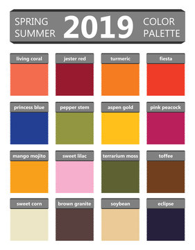 Spring and summer 2019 colors palette. Fashion trend guide. Palette fashion colors guide with named color swatches, RGB and TCX. Color of the year - living coral. Vector illustration