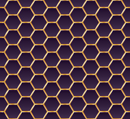 Gold and violet honey hexagonal cells seamless texture. Mosaic or speaker fabric shape pattern. Golden honeyed comb grid texture and geometric hive hexagonal honeycombs. Vector illustration