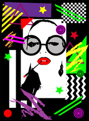 Girl with sunglasses and cigarette, pop art vintage poster backgorund
