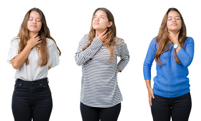 Collage of beautiful young woman over isolated background Touching painful neck, sore throat for flu, clod and infection