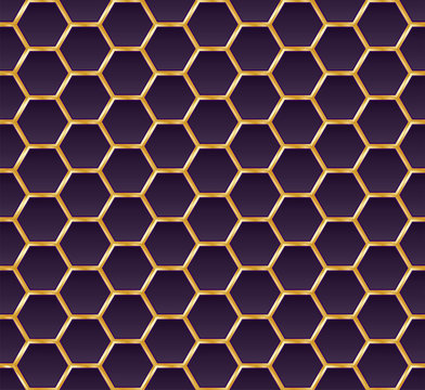 Gold and violet honey hexagonal cells seamless texture. Mosaic or speaker fabric shape pattern. Golden honeyed comb grid texture and geometric hive hexagonal honeycombs. Vector illustration © boxerx