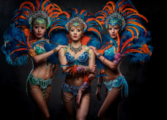 Portrait of a group sexy dancers female in colorful sumptuous carnival feather suits. Isolated on a dark background.