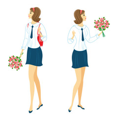 Collection. Young schoolgirls with flowers. The girls are very nice, they have a good mood, a smile. The lady will give the bouquet to the teacher. Vector illustration set