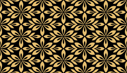 Flower geometric pattern. Seamless vector background. Gold and black ornament. Ornament for fabric, wallpaper, packaging, Decorative print