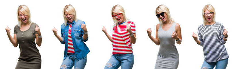 Collage of beautiful blonde woman wearing differents looks over isolated background very happy and excited doing winner gesture with arms raised, smiling and screaming for success.