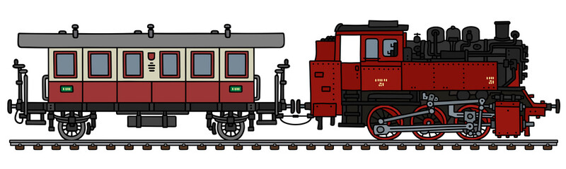 The vectorized hand drawing of a vintage red steam locomotive and coach
