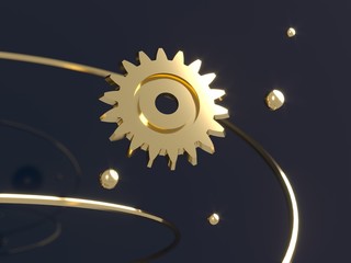 Steampunk mechanism - 3d render illustration. Gears, flying metal spheres and gold rings. Engine Mechanical Parts. Space futuristic retro dark background. Steam punk cogwheels components of clockwork