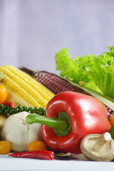 Organic vegetables on white wooden background, Healthy food.