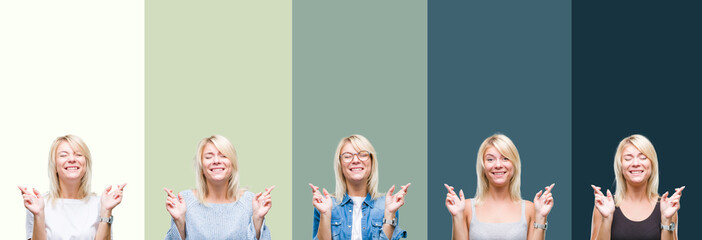 Collage of beautiful blonde woman over green vintage isolated background smiling crossing fingers with hope and eyes closed. Luck and superstitious concept.