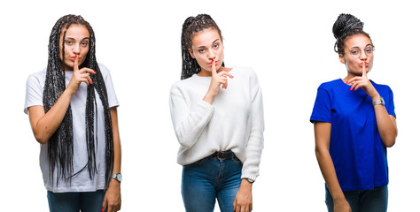 Collage of beautiful braided hair african american woman over isolated background asking to be quiet with finger on lips. Silence and secret concept.