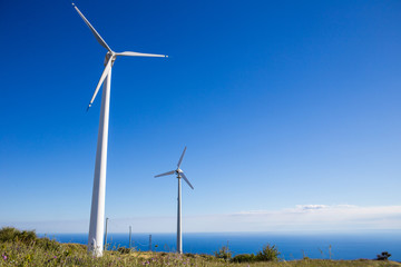 Impianto eolico, fonte di energia elettrica verde rinnovabile su una collina vicino al mare. Concetto di ecologia.