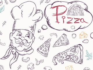 cover background_11_illustration, on the theme of Italian pizza cuisine, for decoration and design sticker of ingredients