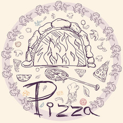 cover background_18_illustration, on the theme of Italian pizza cuisine, for decoration and design sticker of ingredients