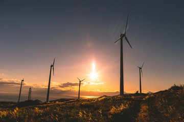 Silhouette al tramonto di un impianto eolico, fonte di energia elettrica verde rinnovabile su una collina vicino al mare. Concetto di ecologia. - obrazy, fototapety, plakaty