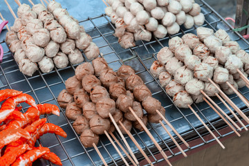 Meat ball Asian food in Thailand night street market. Ball made by pork, chicken and shrimp.