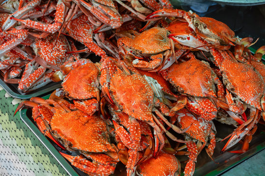 A tray of fresh red crabs stacked in layers in a wet market in Thailand