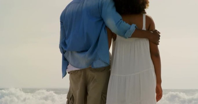 Rear view of diverse couple standing together on the beach 4k 