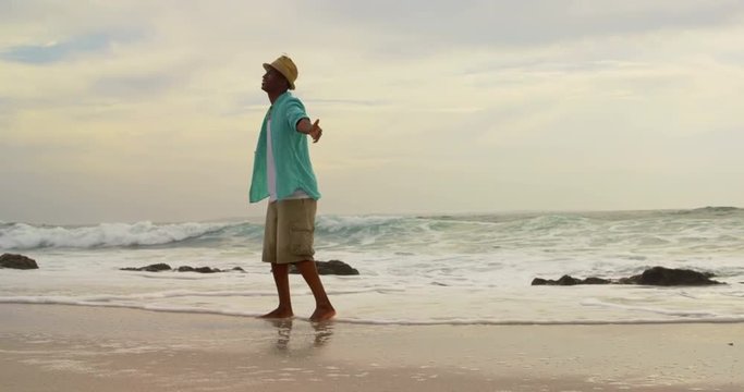 Rear view of African American man standing with arms outstretched on the beach 4k