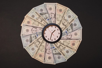 Concept of clock and dollar. Clock on mandala kaleidoscope from money. Abstract money background...