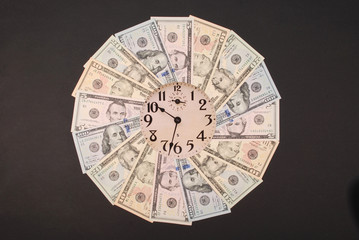 Concept of clock and dollar. Clock on mandala kaleidoscope from money. Abstract money background...